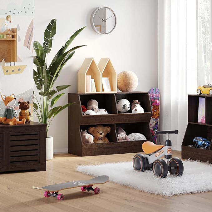 DINZI LVJ Kids Bookshelf, Toy Storage Organizer, Wooden Toy Storage Cabinet, 4 Cubby Children Bookcase, 43.3" L Toddler Book Shelf for Bedroom, Nursery, Hallway, School, Espresso
