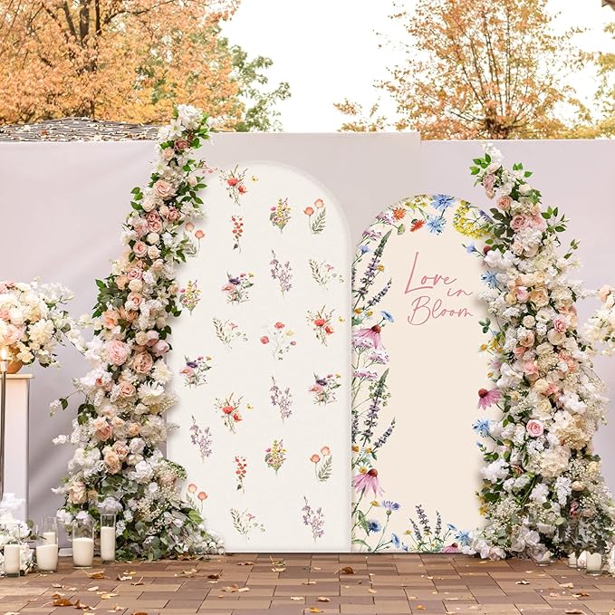 Chunful 2 Pcs Love in Bloom Bridal Shower Decorations 2-Sided Round Top Cute Wildflower Backdrop Arch Cover for Wedding Bridal Bride-to-be Engagement Wedding Party Supplies 6 ft/7.2 ft (Pink)