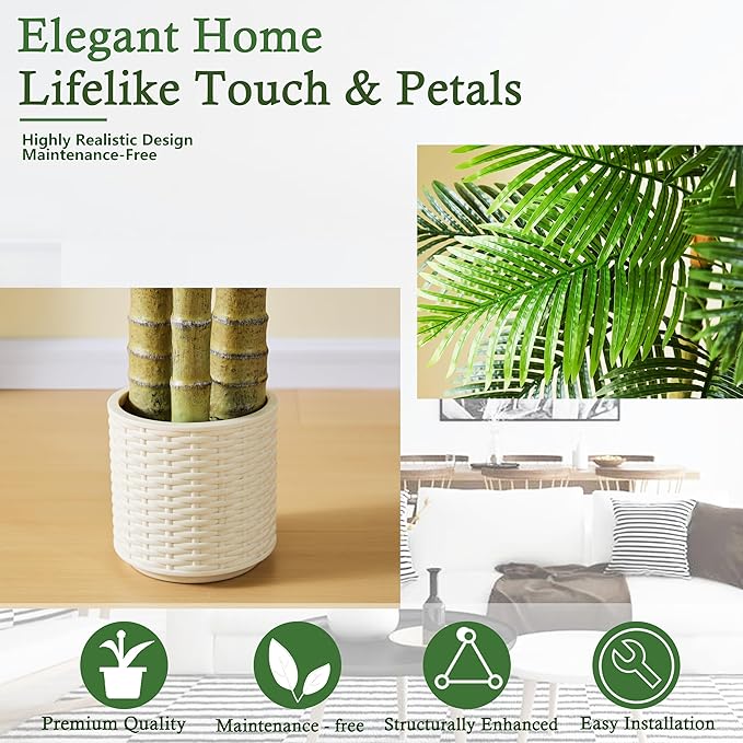 Artificial Golden Cane Palm Tree：6T Fake Large Tropical Areca Palm Trees Tall Faux Silk Plant in White Pot with Realistic Triple Textured Trunks for Office Outdoor Home Decor Hotel Patio Lobby