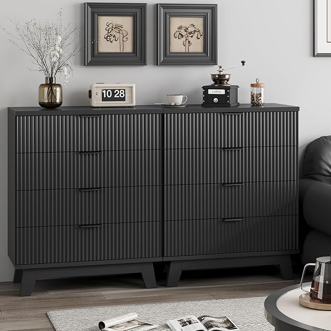 Fluted Nightstand, 31.5" Wide Side Table with 4 Large Storage Drawers, Mid Century Modern Wood Night Stand with Metal Handle, Wooden Bedside End Table for Bedroom, Living Room, Closet, Black