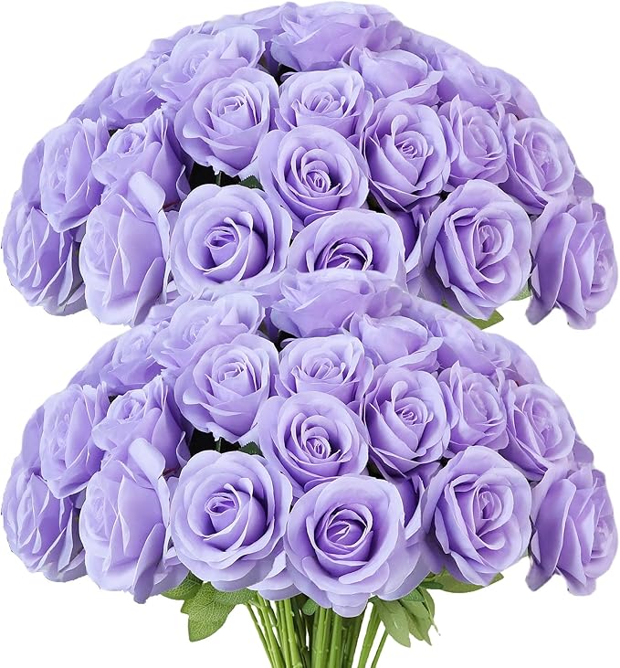 Artificial Rose Flower Artificial Flowers Flower with Long Stem Silk Roses Bouquet for Wedding Bridal Shower Party Home Decoration (Lavender, 50 Pcs)