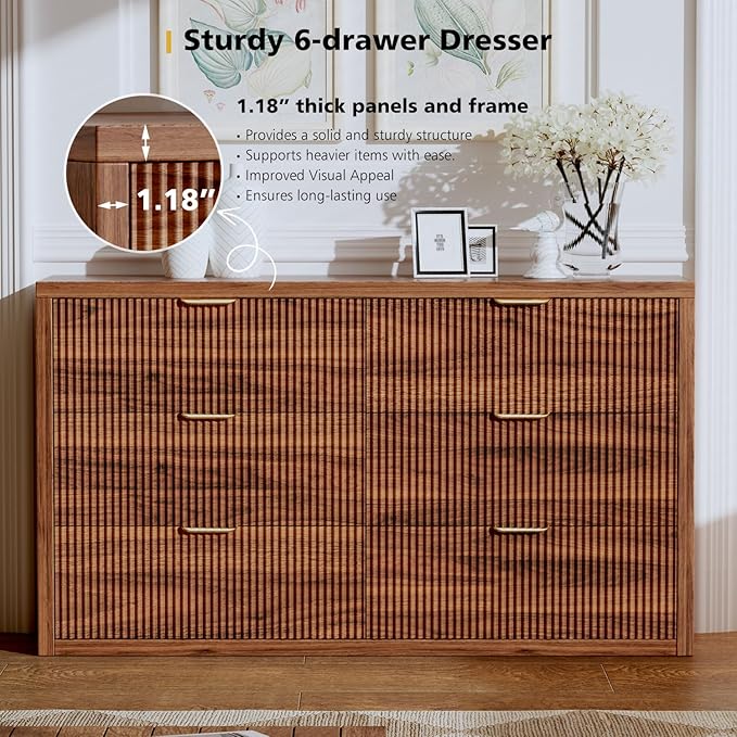 55.12" Modern Chest of Drawer, 6 Deep Drawers,Clothes Organizer,Large Storage Cabinet for Living Room, Bedroom,Dresser TV Stand, Wood Drawer Organizer for Living Room, Hallway, Saddle