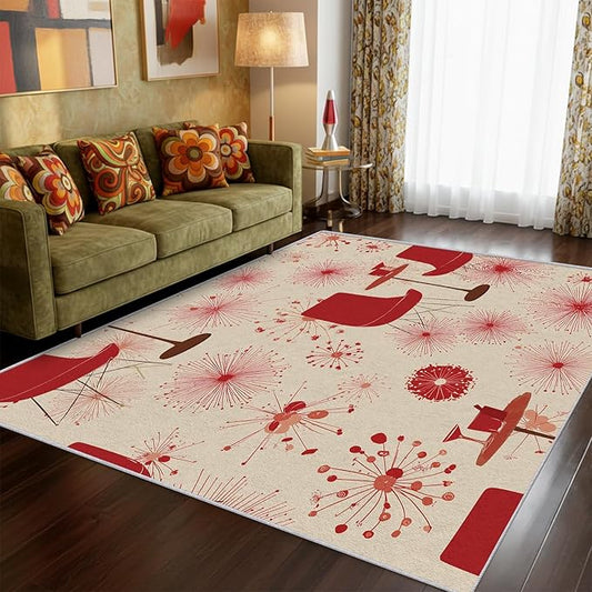 50s Retro Rug 5x8 60s 70s Mid Century Modern Pattern Area Rugs for Living Room, Bedroom, 50s Retro Home Decor Accessories Indoor Carpet, Non Slip & Machine Washable