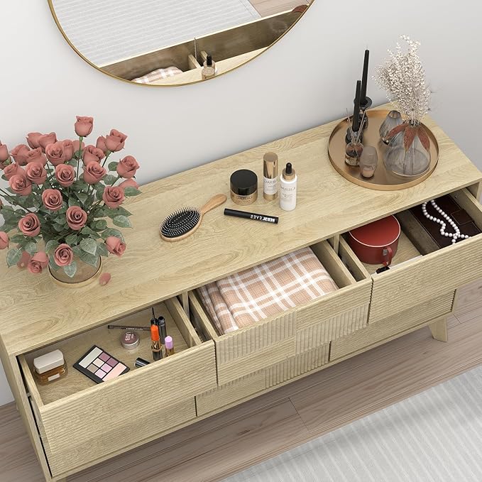 Hadulcet Wooden Dresser for Bedroom, Mid Century Modern 55” Long Fluted 9 Drawers Dresser Storage Clothes for Closet Organizer, Handleless Design, Push to Open, Natural Oak