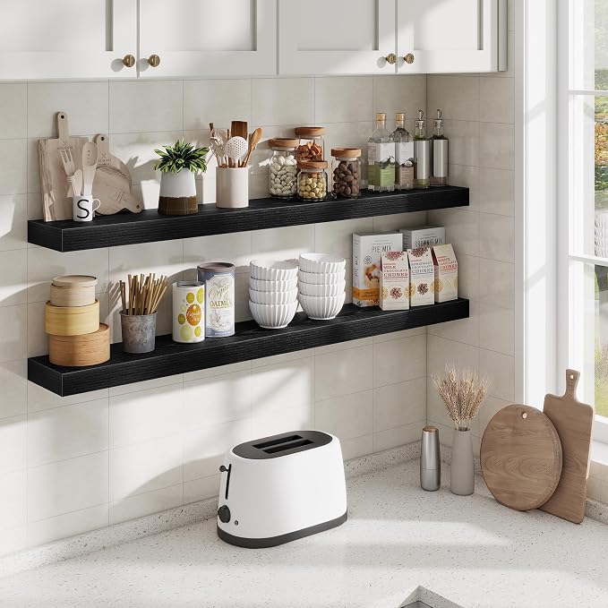 Fun Memories Floating Shelves 48 Inch, Extra Large Wood Shelf Set of 2, Hanging Wall Shelves for Bathroom, Living Room, Kitchen, Bedroom, Black