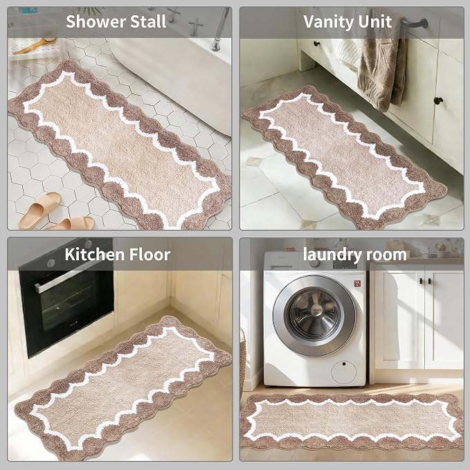 Cute Scalloped Beige Bathroom Rugs Mat,Non Slip Absorbent Quick Dry Bath Mats for Shower Room,Microfiber Bath Mats for Bathroom Floor Washable Carpet for Shower Tub Sink Bedroom,17"x47"