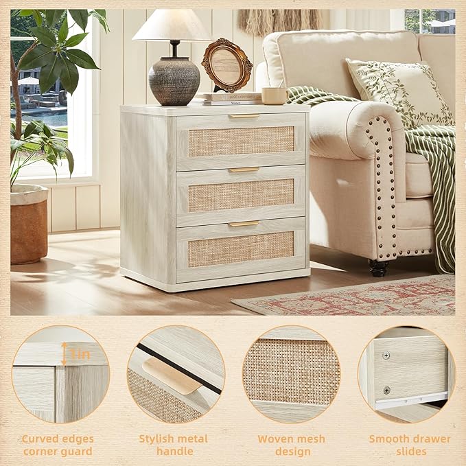 LEYAOYAO Boho Night Stands Set 2 with Storage, 23" Rattan Nightstand with 3 Drawers, Grey White Bed Side Table, Bedside End Tables for Bedroom, Living Room, Hallway