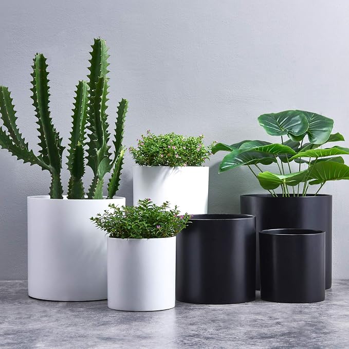 FaithLand 10 Inch Fiberstone Planter - Lightweight Modern Cylinder Plant Pot with Drainage Hole & Plug, Indoor Outdoor Use, Matte White