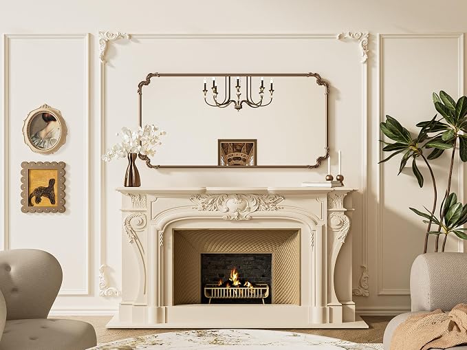 TETOTE Vintage Antique Gold Rectangle Mirror for Mantle Fireplace 60 x 30 Traditional Baroque Ornate Scroll Wall Mirror with Metal Frame for Living Room Bedroom, Horizontal/Vertical
