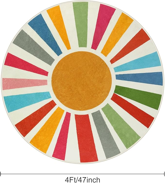 STARUIA Small Round Rug 4 Ft Washable Round Rug for Kids Room, Colorful Sun Circle Rug for Playroom, Non-Slip Circular Office Carpet Soft Rainbow Rug for Bedroom Reading Corner Dorm