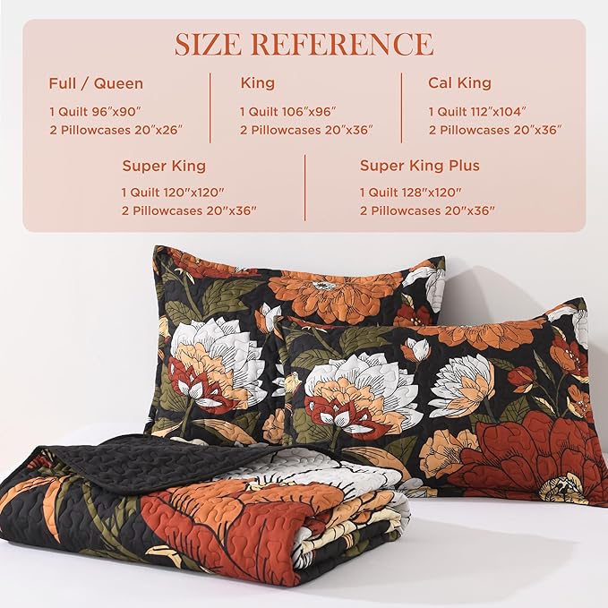Andency Floral Boho Quilt Super King Plus Size Bedding Set Black, 3 Pieces Farmhouse Flower Botanical Summer Bedspreads with 2 Shams, Soft Reversible Microfiber Coverlet Set for All Season, 128"x120"