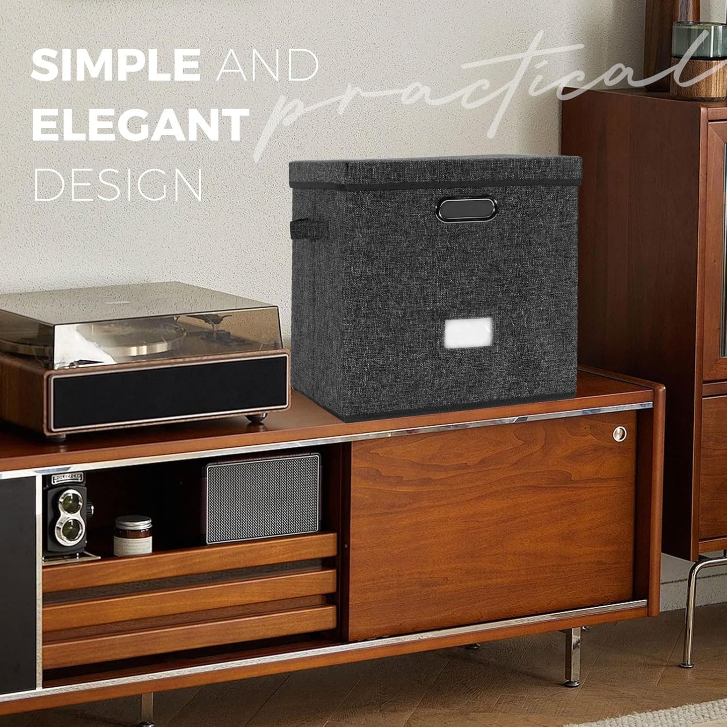 Skiennix Vinyl Record Storage Box - Holds 50+ LPs, Decorative Organizer with Lid | Black