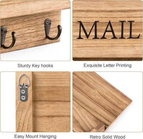 DLQuarts Mail Organizer - Wall-Mounted Wooden Mail Sorter with Key Holder & 3 Hooks | Carbonized Brown