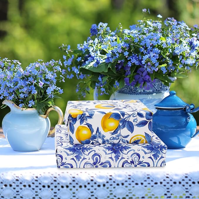 JarThenaAMCS 12 Sheet Chinoiserie Lemons Wrapping Paper -Not Roll- Watercolor Blue Tiles Lemon Gift Wrap Paper Folded Flat Art Paper for DIY Crafts Gift Wrapping, 19.7 x 27.6 Inch