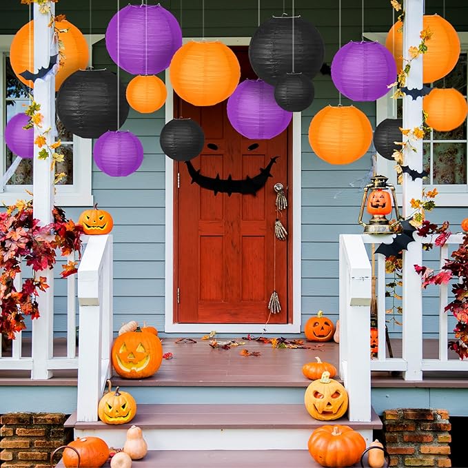 Halloween Party Decorations, Orange Black Purple Hanging Paper Lanterns for Halloween Ceiling, Horror Party Birthday Wedding Yard Garden Decor Indoor Outdoor，15pcs
