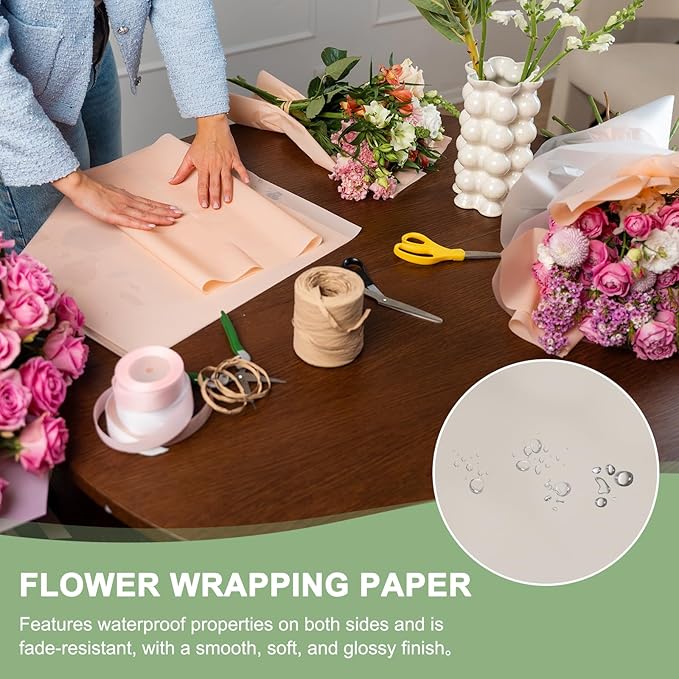 PATIKIL Flower Gift Wrapping Paper, 20 Sheets Gold Edge Waterproof Bouquet Paper Wrap Florist Supplies Packaging Floral Papers for Wedding DIY Craft Valentine Mother's Day, Khaki