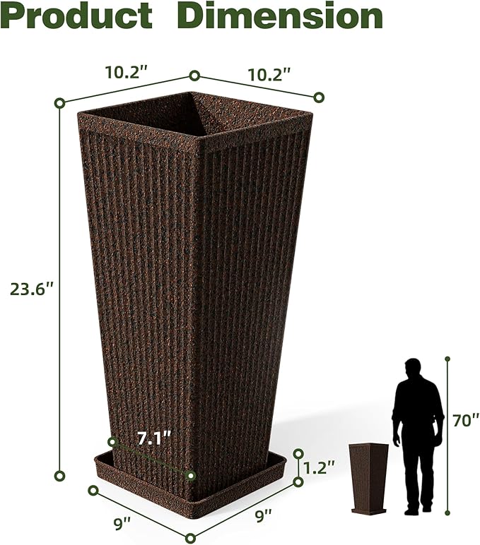 Square Tall Planters for Outdoor Plants Set of 2-23.6" Heavy-Duty Classic Tapered Indoor Flower Pots with Drainage Holes/Partition/Tray, Large Outdoor Planters for Porch Patio Garden, Brown
