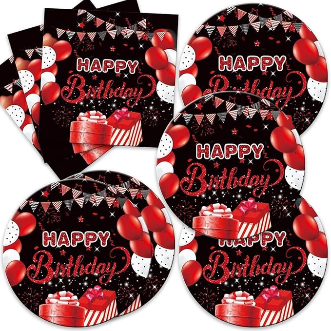 40Pcs Red and Black Birthday Decorations Happy Birthday Decorations for Men Women Black and Red Disposable Paper Plates and Napkins Set Party Supplies Serve 20