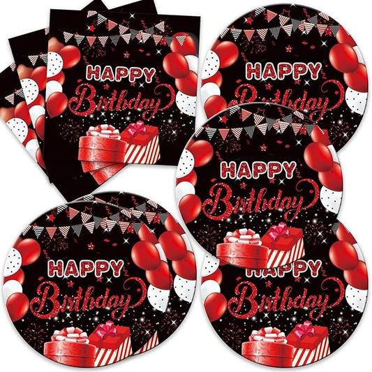 40Pcs Red and Black Birthday Decorations Happy Birthday Decorations for Men Women Black and Red Disposable Paper Plates and Napkins Set Party Supplies Serve 20