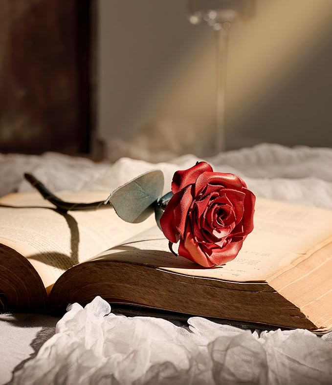 Handcrafted Genuine Leather Rose with Stem, Laser Silver Foil Gift Box Presentation, Lifelike Artisan Flower for 3rd Wedding Anniversary, Vase Included (Red, Deluxe)