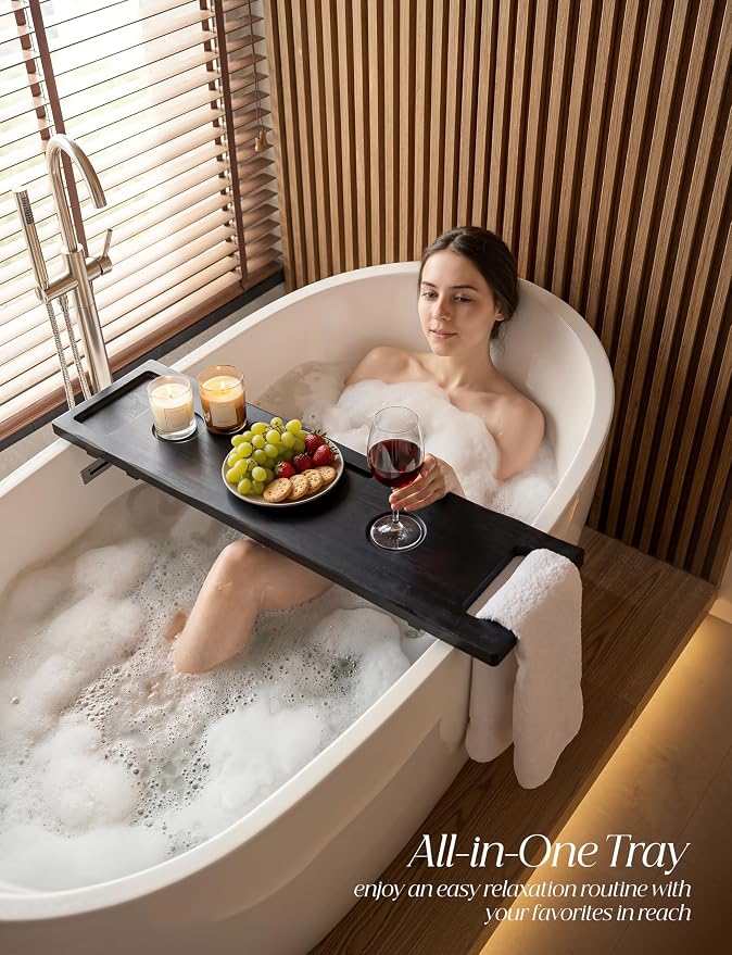 Tinamo Acacia Bathtub Caddy Tray Table | 39x9.8 Inch Large Bath Tub Wooden | Anti-Tipping, Sustainable Tub Tray for Bath tub | Bath-tub Accessories Holders for Bath-tub (Black Color)