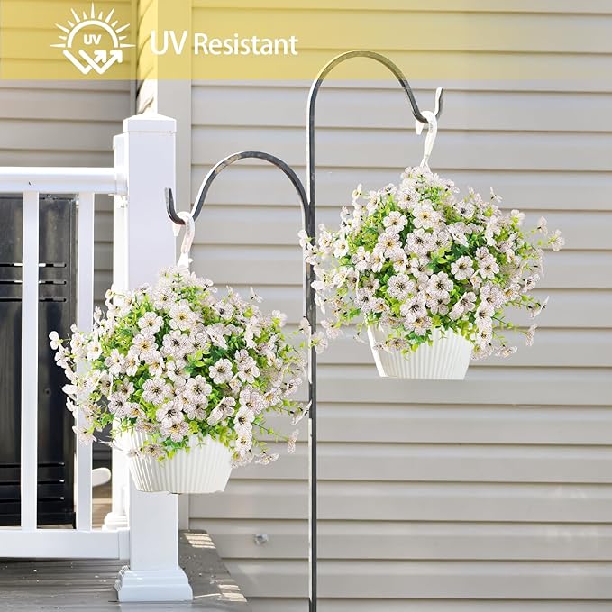 Artificial Flowers Outdoor Faux Plants UV Resistant Fake Patio Flowers Plastic Greenery Plnats Outside Bulk for Spring Garden Hanging Planter Home Vase Decor, 12 Bundles (White)