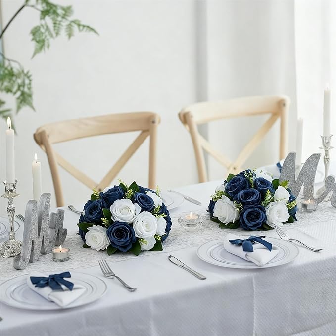 Flower Centerpieces for Wedding Tables: Wedding Table Decorations Navy Blue & White Flower Balls Centerpieces for Engagement Cerebration Party Center Pieces 6 Packs