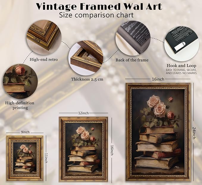 Vintage Gold Framed Retro Floral Books Wall Art Flowers Book Wall Decor Rose and Books Painting Pictures Retro Literary Pictures Artwork for study Gallery Living Room Bedroom 16X24in