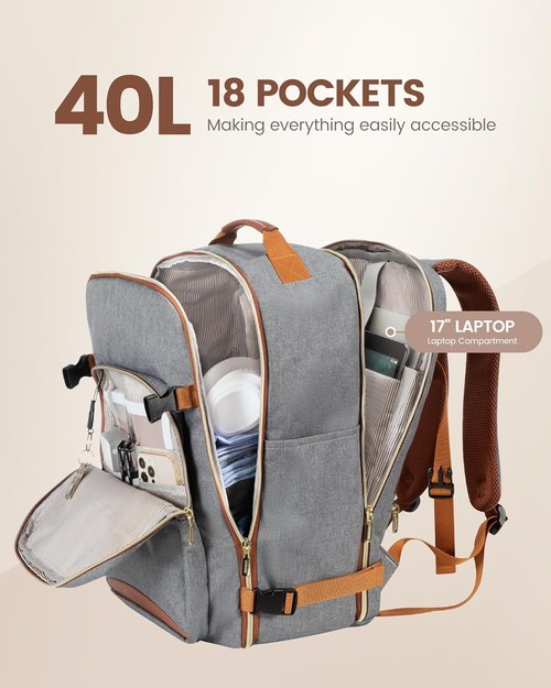 LOVEVOOK Travel Backpack - 40L Airline Approved Carry-On Bag with 3 Packing Cubes | Waterproof Grey-Brown
