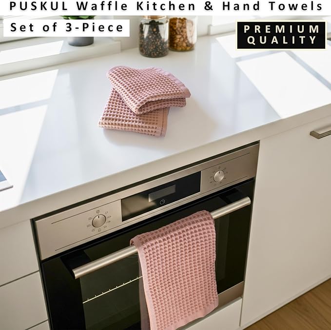 PÜSKÜL Natural 100% Turkish Cotton Waffle Kitchen Towels Set of 3 | Oeko-Tex, Premium Waffle Hand Towels for Bathroom | Soft Absorbent Quick-Dry Lint-Free Dish Towel Large 32x16 inch (3, Pink Powder)
