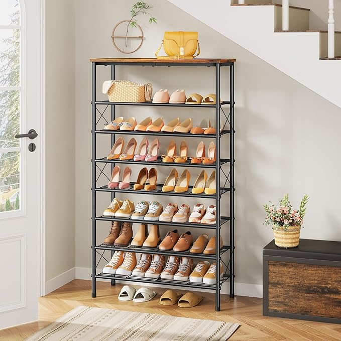 Tajsoon 8 Tier Free Standing Shoe Rack for 28-32 Pairs, X Shape Fixed Frame Metal Mesh Shoe Rack for Closet, Rustic Brown & Black