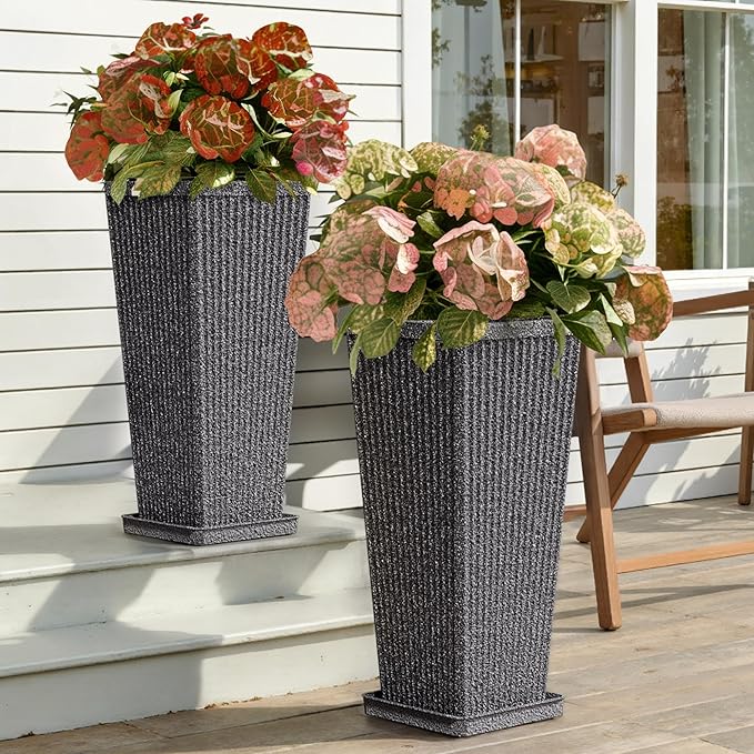 Square Tall Planters for Outdoor Plants Set of 2-23.6" Heavy-Duty Classic Tapered Indoor Flower Pots with Drainage Holes/Partition/Tray, Large Outdoor Planters for Porch Patio Garden, Grey