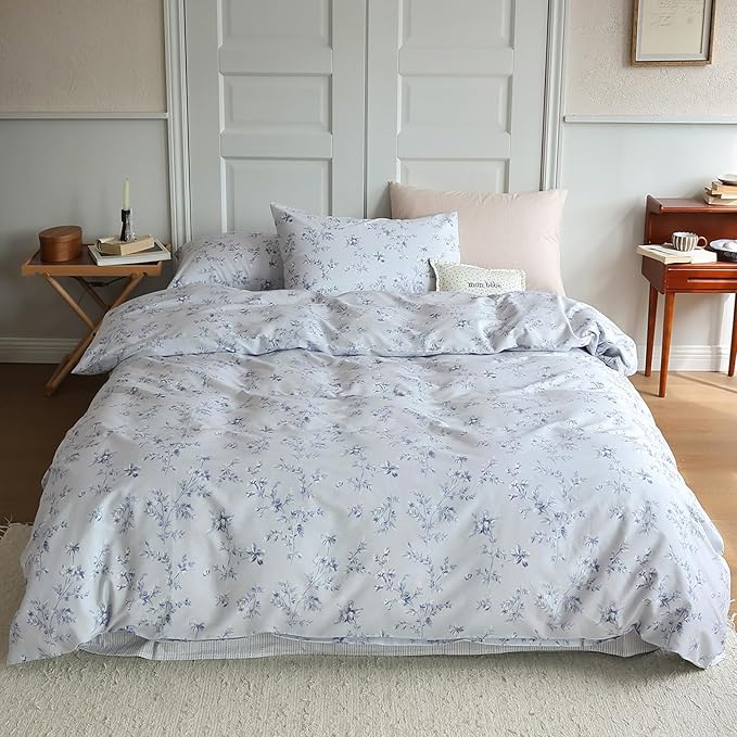 HighBuy Blue Floral Duvet Cover Twin XL Kids Girl Bedding Set Cottagecore Comforter Cover with 2 Pillowcases 100% Cotton Flower Duvet Cover Twin XL Aesthetic Bedding Set with Zipper and Corner Ties