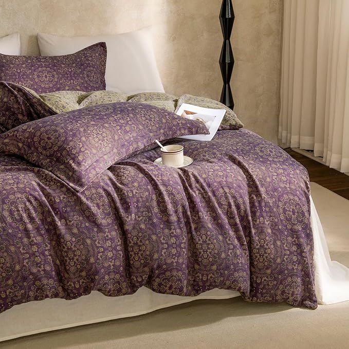 EAVD Soft 100% Cotton Muslin Yarn-Dyed Jacquard Textured Duvet Cover Queen Chic Shabby Purple Floral Duvet Cover with Zipper Closure Linen Like Gauze Floral Bedding Set with 2 Pillowcases