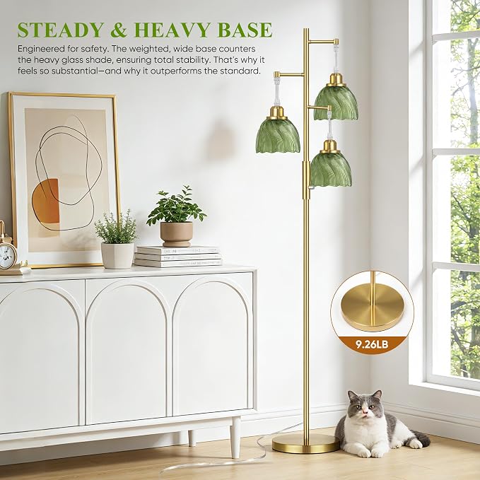 ROTTOGOON Dimmable Gold Floor Lamps for Living Room, Vintage Tree Standing Lamp with Glass Shades, 3 Light Mid Century Flower Floor Lamps for Bedroom, Office, 6W, Brushed Gold & Green Shades