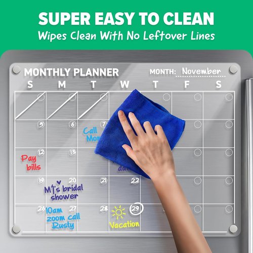 Skiennix Acrylic Calendar for Fridge - Magnetic Dry Erase Planning Board Set | 2-Piece with 6 Chalk Markers & 3 Backgrounds