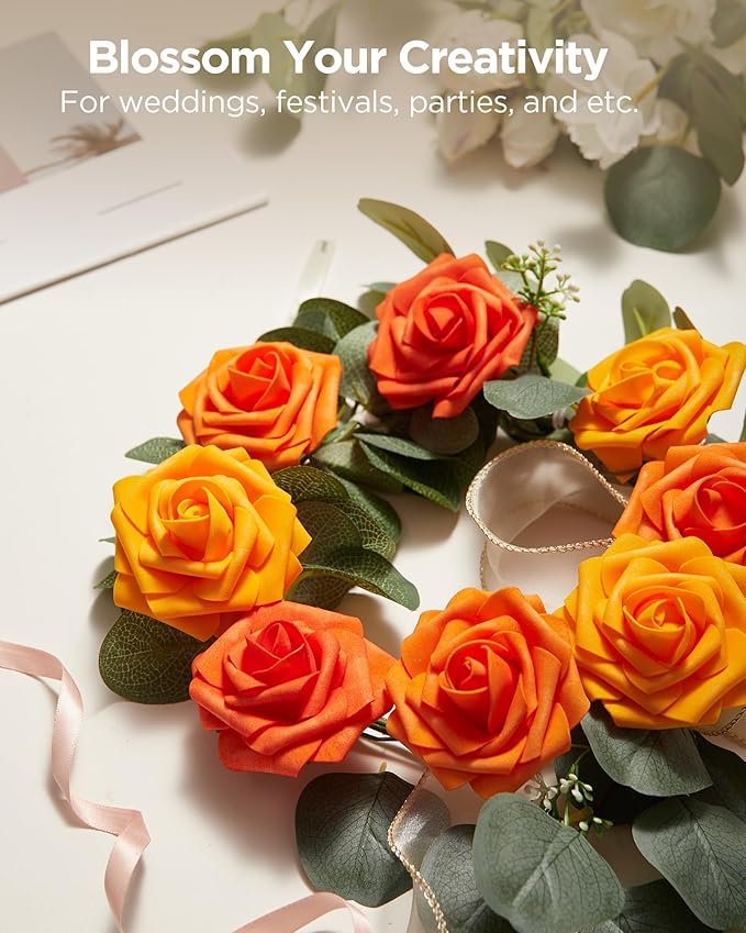 InnoGear Artificial Flowers, 100 Pcs Shades of Orange Rose Foam Fake Roses Bulk with Stems for Autumn Fall Decoration DIY Wedding Bouquets Centerpieces Bridal Shower Party Christmas Tree