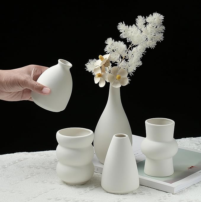 Set of 12 White Ceramic Vase for Pampas Grass Flowers, Japandi Small Vases in Bulk for Wedding Centerpieces, Shelf and Table Decorations, Living Room and Bedroom Decor, DIY Gift