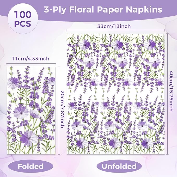 Homlouue Purple Lavender Floral Napkins, 100PCS 3 Ply Guest Towels Disposable Bathroom, Floral Paper Napkins Disposable, Flower Paper Napkins Decorative for Spring Summer Fall Party Decorations