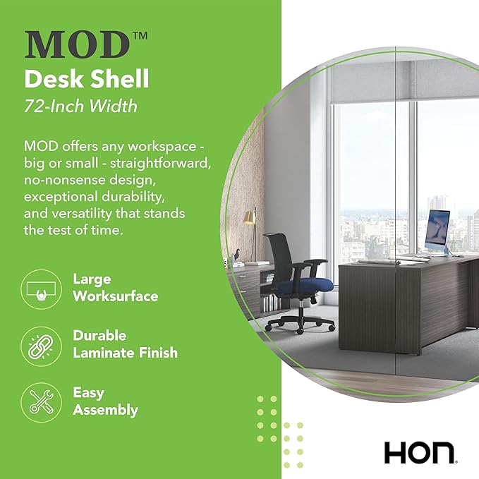 HON MOD Executive Desk 72-Inch Large Computer Desk Shell, Thick Wooden Laminate, Modern Table with Cord Management, 72" W x 30" D x 29" H, Slate Teak