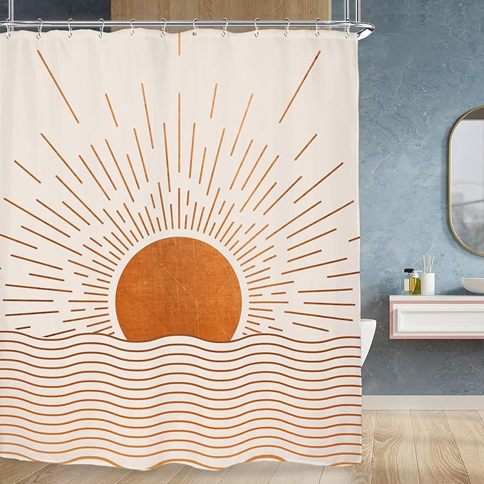 Miyotaa Abstract Sun Shower Curtain Set 60Wx71H Inches Burnt Orange Sunrise Sunset Mid Century Retro Vintage Minimalist Aesthetic Waterproof Bathroom Curtain with 12 Hooks