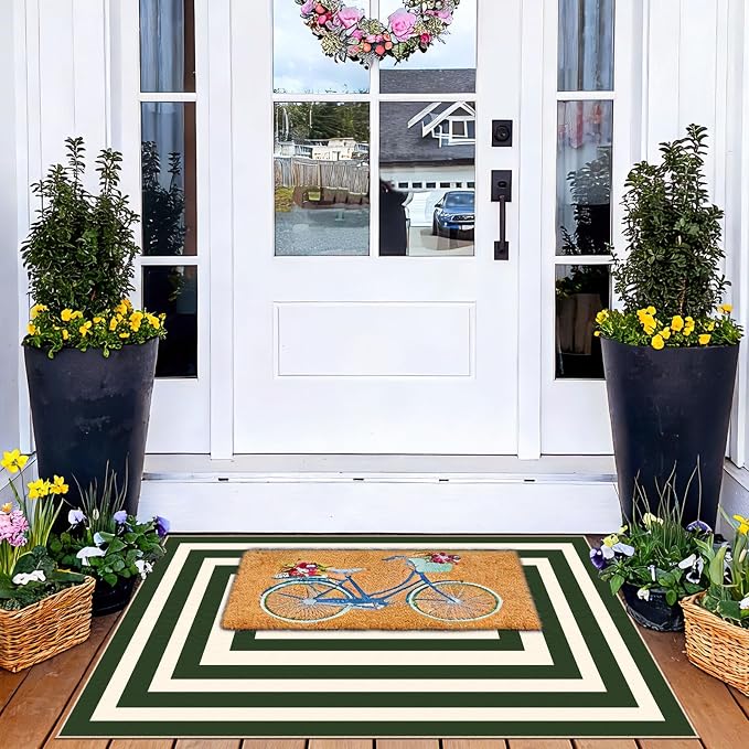 Front Door Mat Outside Entrance - 2x3 Green White Non-Slip Washable Doormat Indoor Outdoor Entrance Geometric Bordered Rug Small Throw Rugs for Entryway Bedroom Kitchen Front Porch Decor