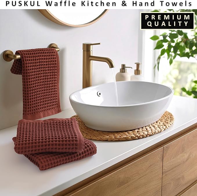 PÜSKÜL Natural 100% Turkish Cotton Waffle Kitchen Towels Set of 3 | Oeko-Tex, Premium Waffle Hand Towels for Bathroom | Soft Absorbent Quick-Dry Lint-Free Dish Towel Large 32x16 inch (3, Brick)