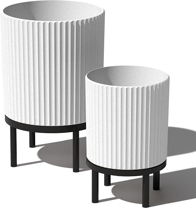 Veradek Demi Series Round Planter w/Stand for Porch/Patio | Durable Plastic-Stone Composite & Wooden Stand | Modern Décor for Tall Plants, Flowers