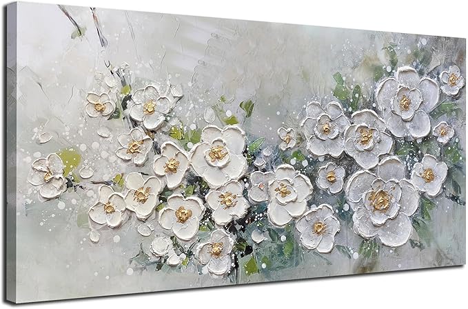 Brushart White Flower Wall Art Textured Floral Canvas Art Wall Decor Living Room Large Picture Wall Art Painting Artwork for Walls Bedroom Home Office, 48"x24"