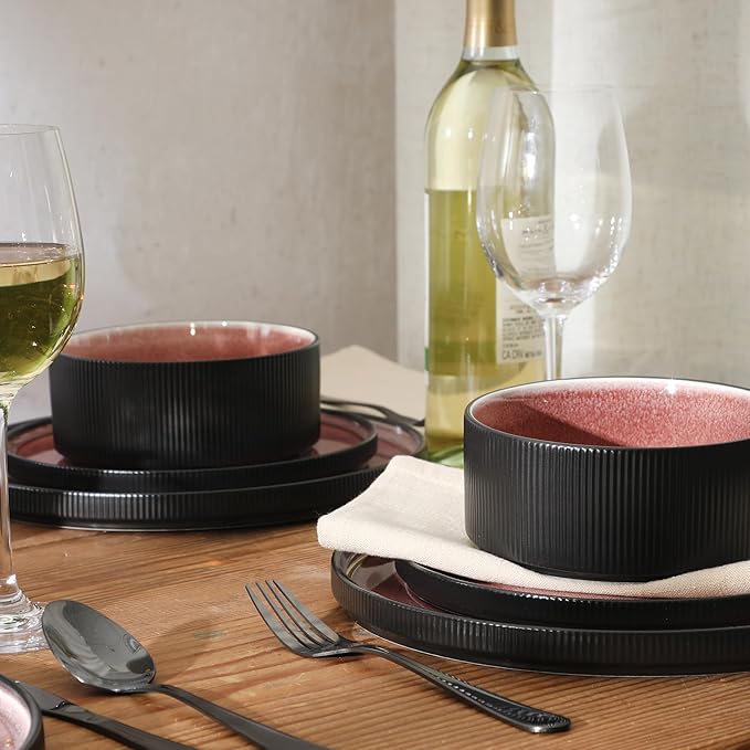 Gibson Elite Redrock Canyon 12-Piece New Bone China Dinnerware Set Service for 4, Reactive Glaze Plates and Bowls, Dishwasher and Microwave Safe, Brick Red