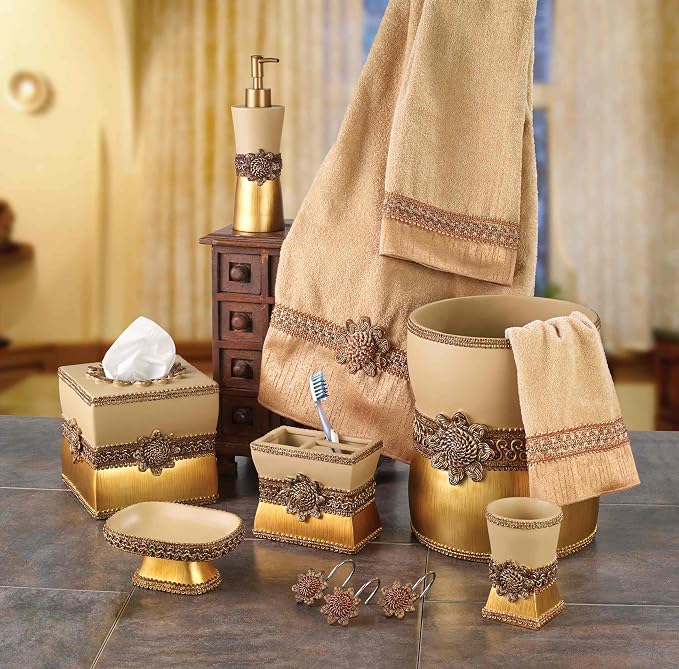 Avanti Linens - Accessory Set, Resin Tumbler, Toothbrush Holder, Soap Dish & Lotion Pump, Durable Bath Decor (Braided Medallion Collection, Gold)
