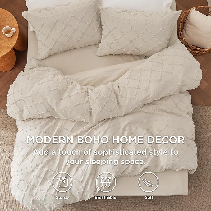 Bedsure Boho Duvet Cover Queen Size with Fitted Sheet - Boho Bedding Comforter Set, 4 Pieces, Includes 1 Duvet Cover 90"x90" with Zipper Closure, 2 Pillow Shams, 1 Fitted Sheet, Beige