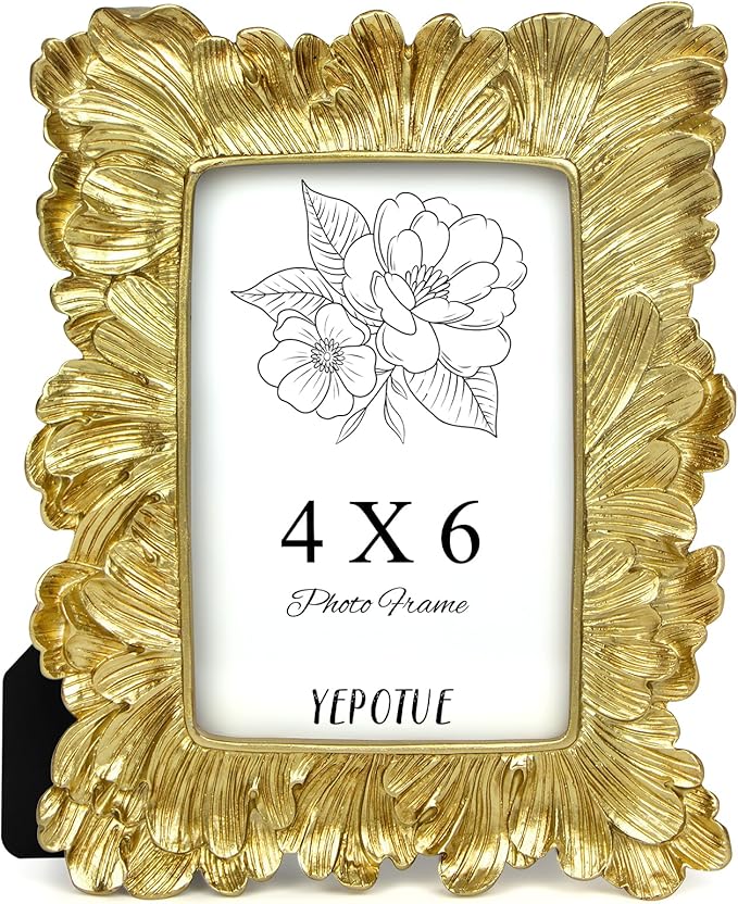 4x6 Vintage Picture Frame Gold, Ornate Leaves Photo Frame with Glass Front, Elegant Picture Frame for Wall or Tabletop Display, Gift ldeas for Home Decor