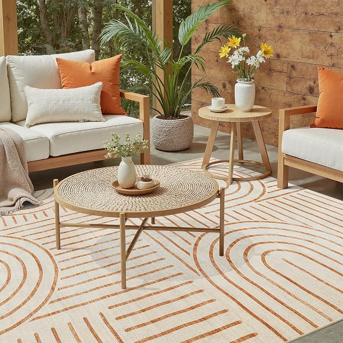 DCX Beige Machine Washable Area Rug 4x6, Midcentury Modern Non Slip Stain Resistant Rug 4x6 for Living Room, Bedroom, Dining Room, Soft Low Pile Large Carpet